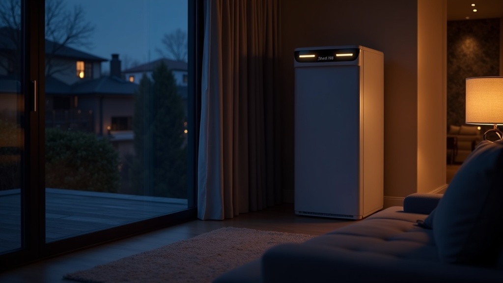 Home battery backup system glowing in a living room during a power outage, neighborhood dark outside